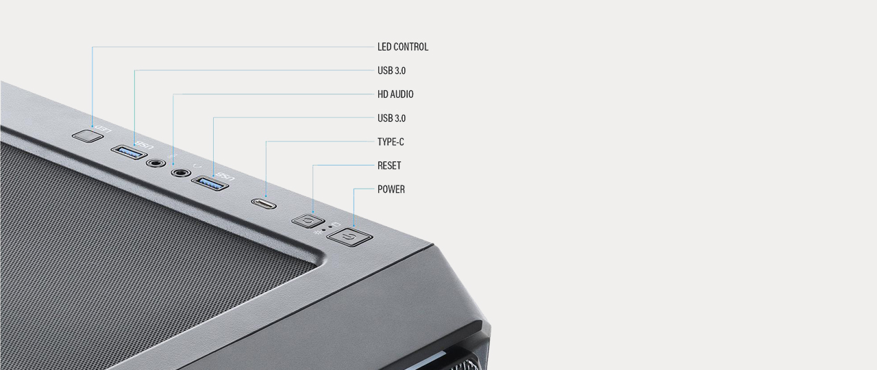 A Rosewill SPECTRA C201 case's I/O ports are on display.